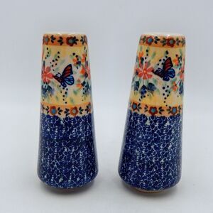 Polish Pottery Butterfly Floral Tall Salt & Pepper Set Blue Pink Boleslawiec